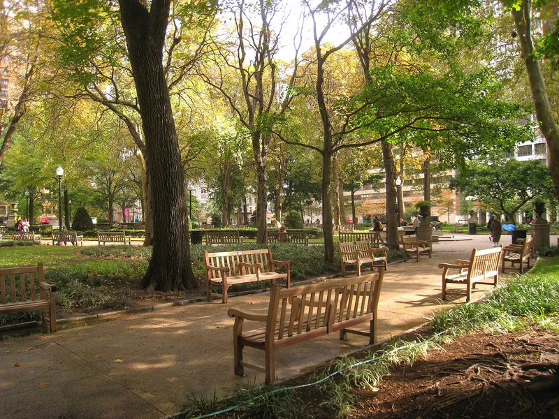 Benches along a path in Rittenhouse Square