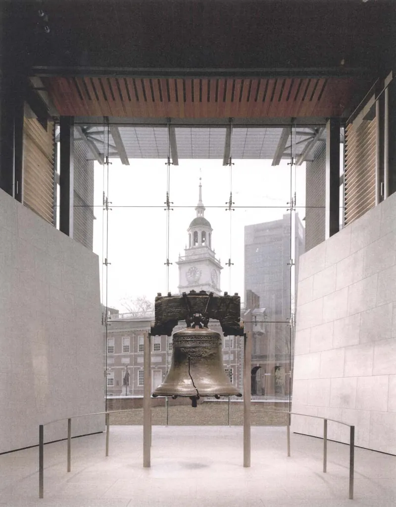 Liberty Bell displayed in front of a window looking onto Independence Hall